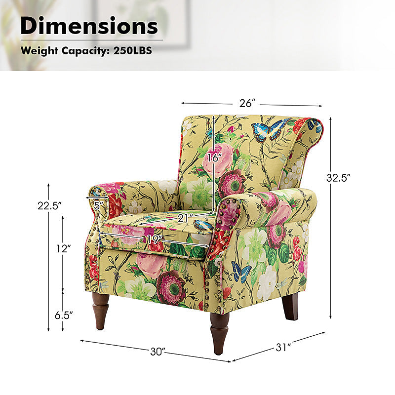 Fauteuil rembourré à accoudoirs roulés et garniture cloutée | Moutarde / Floral / Bleu / Peau de vache / Jaune / Vert / Noir / Gris / Marine / Pin / Médaillon / Rose | Siège unique