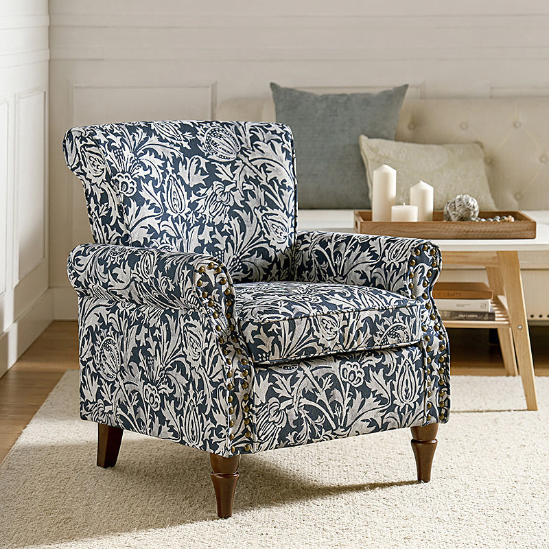 Fauteuil rembourré à accoudoirs roulés et garniture cloutée | Moutarde / Floral / Bleu / Peau de vache / Jaune / Vert / Noir / Gris / Marine / Pin / Médaillon / Rose | Siège unique