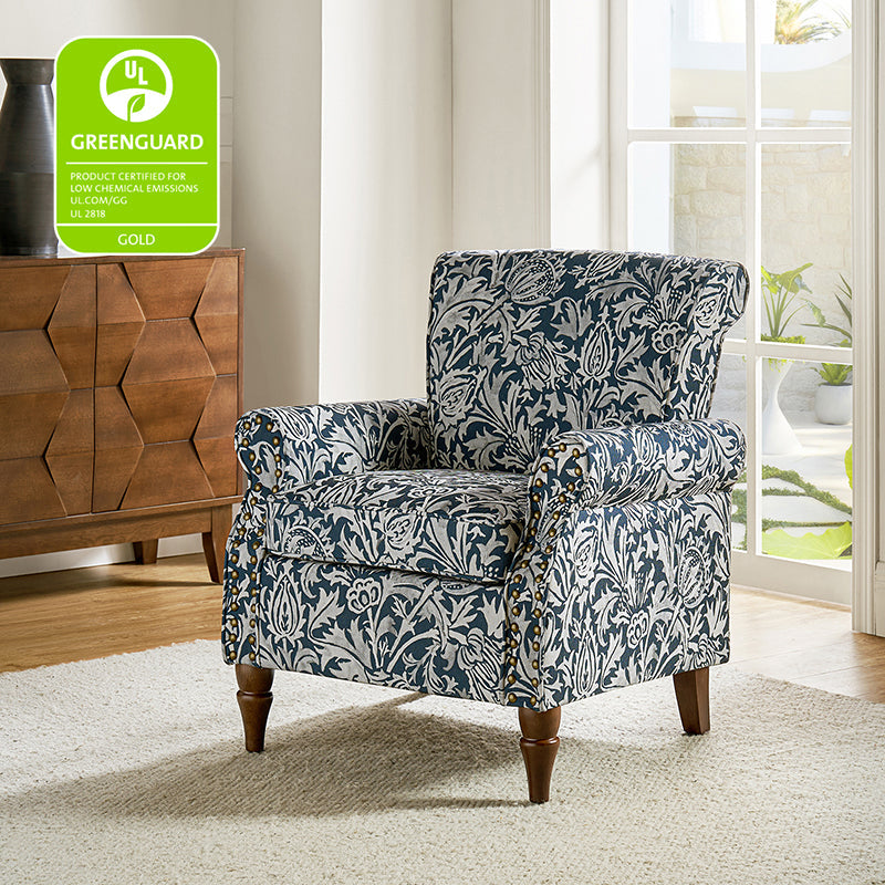 Fauteuil rembourré à accoudoirs roulés et garniture cloutée | Moutarde / Floral / Bleu / Peau de vache / Jaune / Vert / Noir / Gris / Marine / Pin / Médaillon / Rose | Siège unique