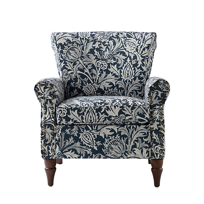 Fauteuil rembourré à accoudoirs roulés et garniture cloutée | Moutarde / Floral / Bleu / Peau de vache / Jaune / Vert / Noir / Gris / Marine / Pin / Médaillon / Rose | Siège unique