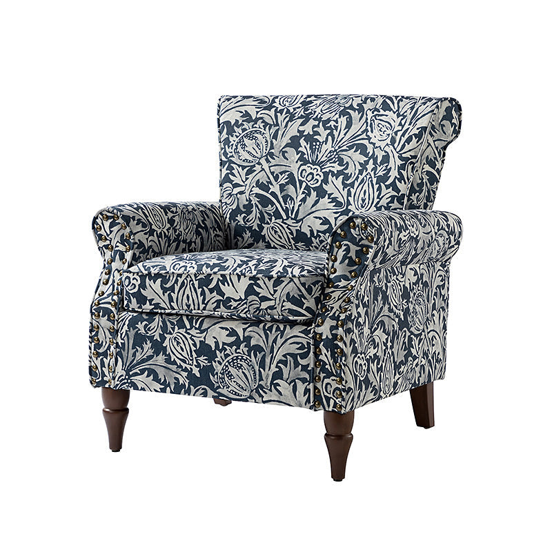 Fauteuil rembourré à accoudoirs roulés et garniture cloutée | Moutarde / Floral / Bleu / Peau de vache / Jaune / Vert / Noir / Gris / Marine / Pin / Médaillon / Rose | Siège unique