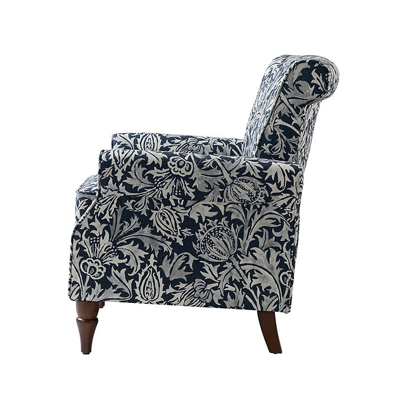 Fauteuil rembourré à accoudoirs roulés et garniture cloutée | Moutarde / Floral / Bleu / Peau de vache / Jaune / Vert / Noir / Gris / Marine / Pin / Médaillon / Rose | Siège unique