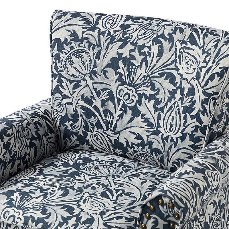 Fauteuil rembourré à accoudoirs roulés et garniture cloutée | Moutarde / Floral / Bleu / Peau de vache / Jaune / Vert / Noir / Gris / Marine / Pin / Médaillon / Rose | Siège unique