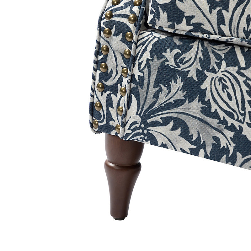 Fauteuil rembourré à accoudoirs roulés et garniture cloutée | Moutarde / Floral / Bleu / Peau de vache / Jaune / Vert / Noir / Gris / Marine / Pin / Médaillon / Rose | Siège unique