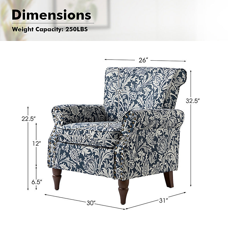 Fauteuil rembourré à accoudoirs roulés et garniture cloutée | Moutarde / Floral / Bleu / Peau de vache / Jaune / Vert / Noir / Gris / Marine / Pin / Médaillon / Rose | Siège unique