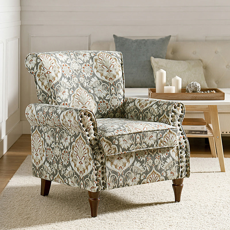Fauteuil rembourré à accoudoirs roulés et garniture cloutée | Moutarde / Floral / Bleu / Peau de vache / Jaune / Vert / Noir / Gris / Marine / Pin / Médaillon / Rose | Siège unique