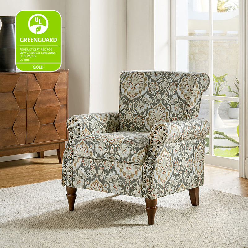 Fauteuil rembourré à accoudoirs roulés et garniture cloutée | Moutarde / Floral / Bleu / Peau de vache / Jaune / Vert / Noir / Gris / Marine / Pin / Médaillon / Rose | Siège unique