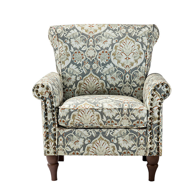 Fauteuil rembourré à accoudoirs roulés et garniture cloutée | Moutarde / Floral / Bleu / Peau de vache / Jaune / Vert / Noir / Gris / Marine / Pin / Médaillon / Rose | Siège unique