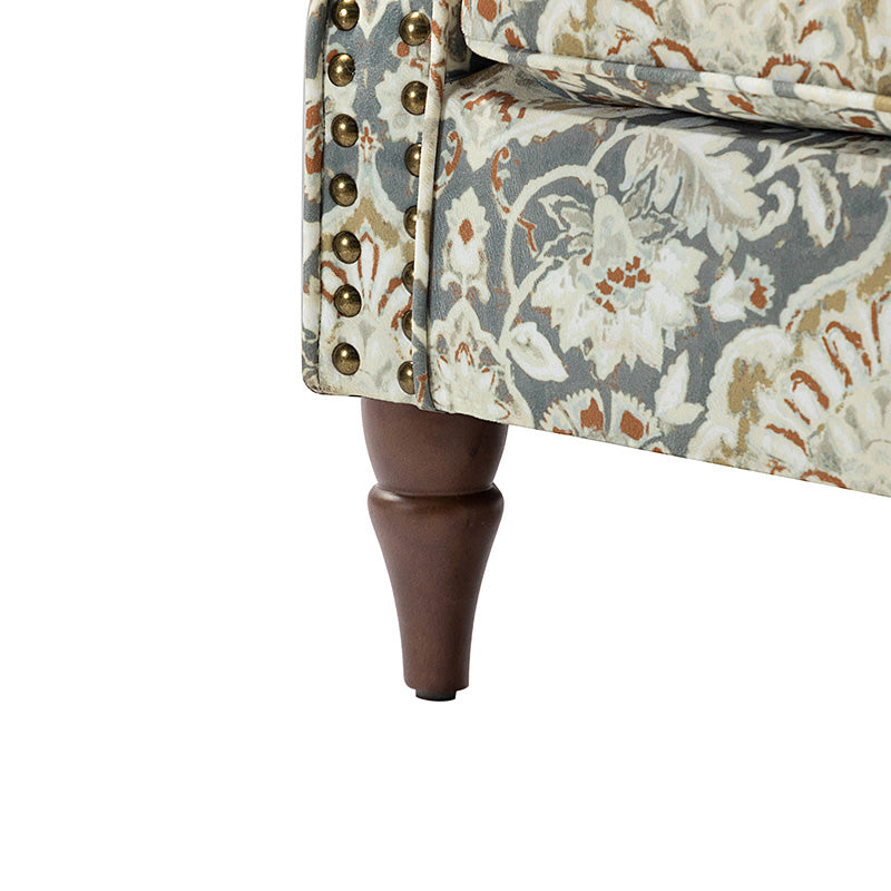 Fauteuil rembourré à accoudoirs roulés et garniture cloutée | Moutarde / Floral / Bleu / Peau de vache / Jaune / Vert / Noir / Gris / Marine / Pin / Médaillon / Rose | Siège unique