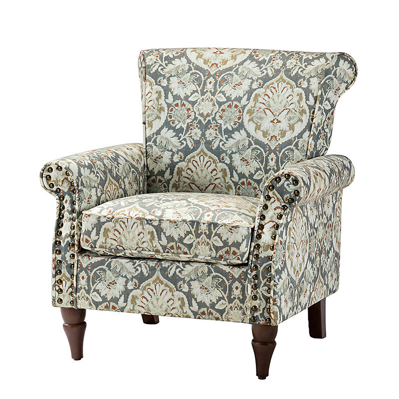 Fauteuil rembourré à accoudoirs roulés et garniture cloutée | Moutarde / Floral / Bleu / Peau de vache / Jaune / Vert / Noir / Gris / Marine / Pin / Médaillon / Rose | Siège unique