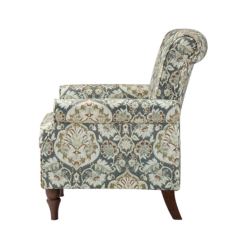 Fauteuil rembourré à accoudoirs roulés et garniture cloutée | Moutarde / Floral / Bleu / Peau de vache / Jaune / Vert / Noir / Gris / Marine / Pin / Médaillon / Rose | Siège unique