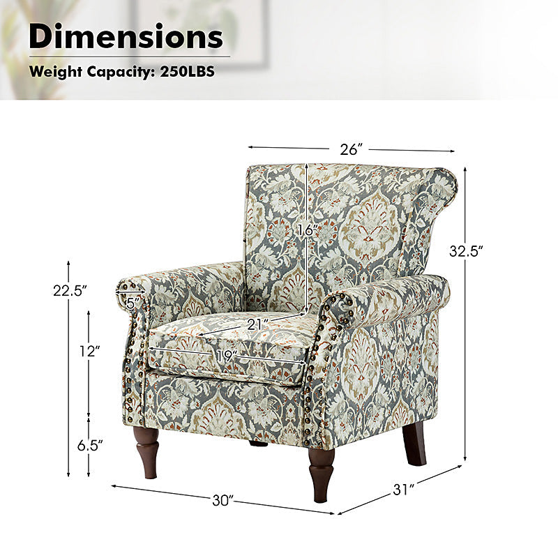 Fauteuil rembourré à accoudoirs roulés et garniture cloutée | Moutarde / Floral / Bleu / Peau de vache / Jaune / Vert / Noir / Gris / Marine / Pin / Médaillon / Rose | Siège unique