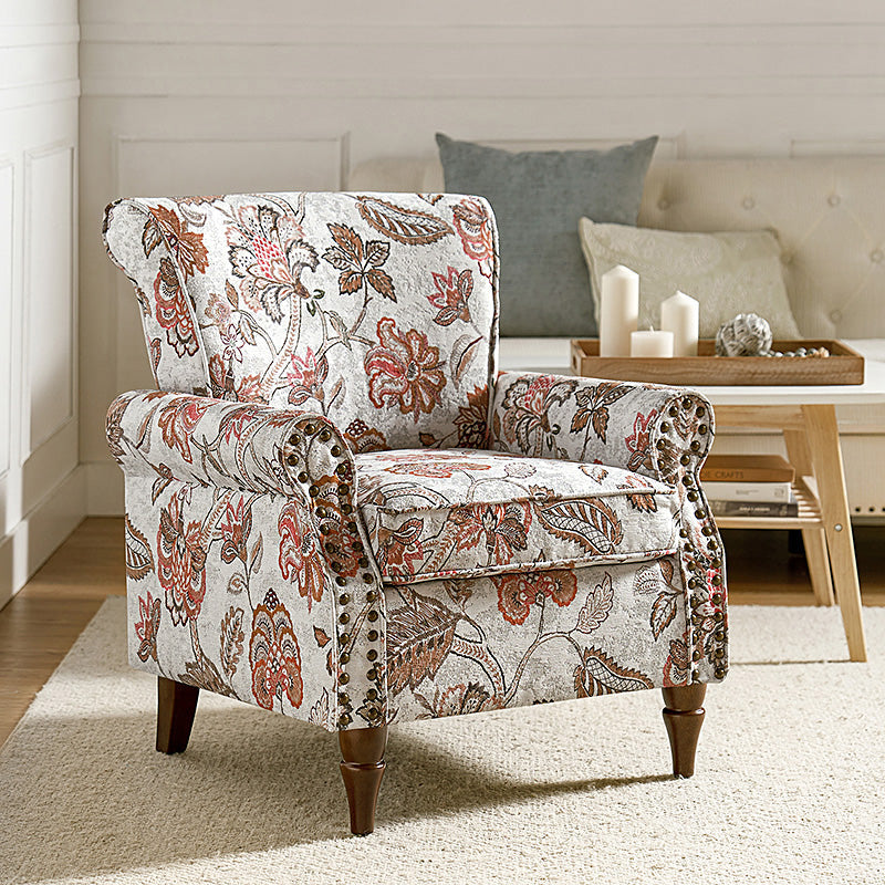 Fauteuil rembourré à accoudoirs roulés et garniture cloutée | Moutarde / Floral / Bleu / Peau de vache / Jaune / Vert / Noir / Gris / Marine / Pin / Médaillon / Rose | Siège unique