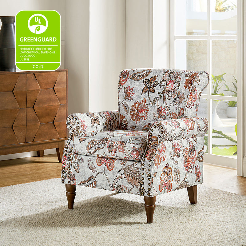 Fauteuil rembourré à accoudoirs roulés et garniture cloutée | Moutarde / Floral / Bleu / Peau de vache / Jaune / Vert / Noir / Gris / Marine / Pin / Médaillon / Rose | Siège unique