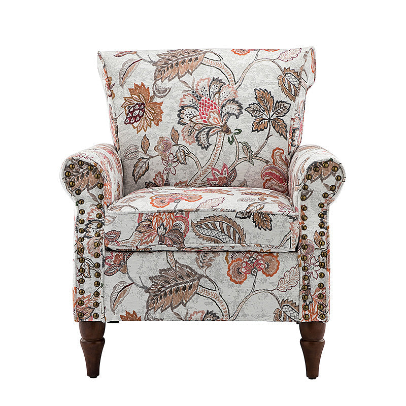 Fauteuil rembourré à accoudoirs roulés et garniture cloutée | Moutarde / Floral / Bleu / Peau de vache / Jaune / Vert / Noir / Gris / Marine / Pin / Médaillon / Rose | Siège unique
