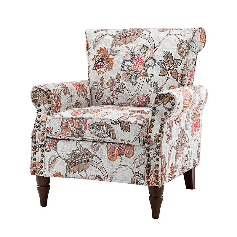 Fauteuil rembourré à accoudoirs roulés et garniture cloutée | Moutarde / Floral / Bleu / Peau de vache / Jaune / Vert / Noir / Gris / Marine / Pin / Médaillon / Rose | Siège unique