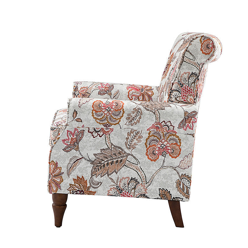 Fauteuil rembourré à accoudoirs roulés et garniture cloutée | Moutarde / Floral / Bleu / Peau de vache / Jaune / Vert / Noir / Gris / Marine / Pin / Médaillon / Rose | Siège unique