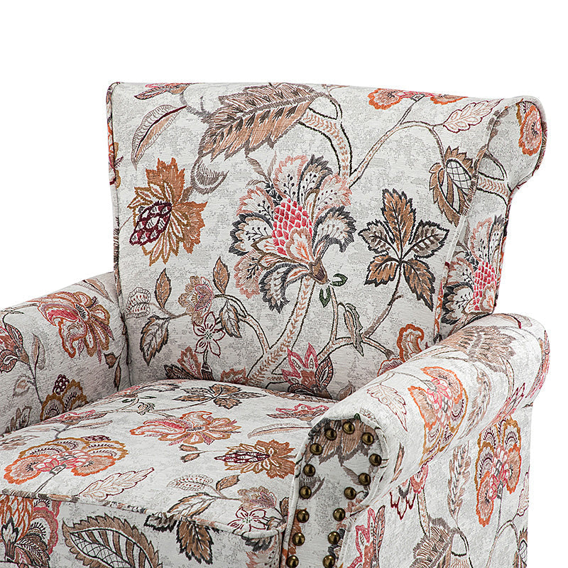 Fauteuil rembourré à accoudoirs roulés et garniture cloutée | Moutarde / Floral / Bleu / Peau de vache / Jaune / Vert / Noir / Gris / Marine / Pin / Médaillon / Rose | Siège unique