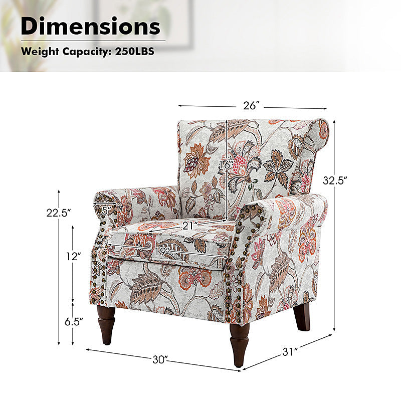 Fauteuil rembourré à accoudoirs roulés et garniture cloutée | Moutarde / Floral / Bleu / Peau de vache / Jaune / Vert / Noir / Gris / Marine / Pin / Médaillon / Rose | Siège unique