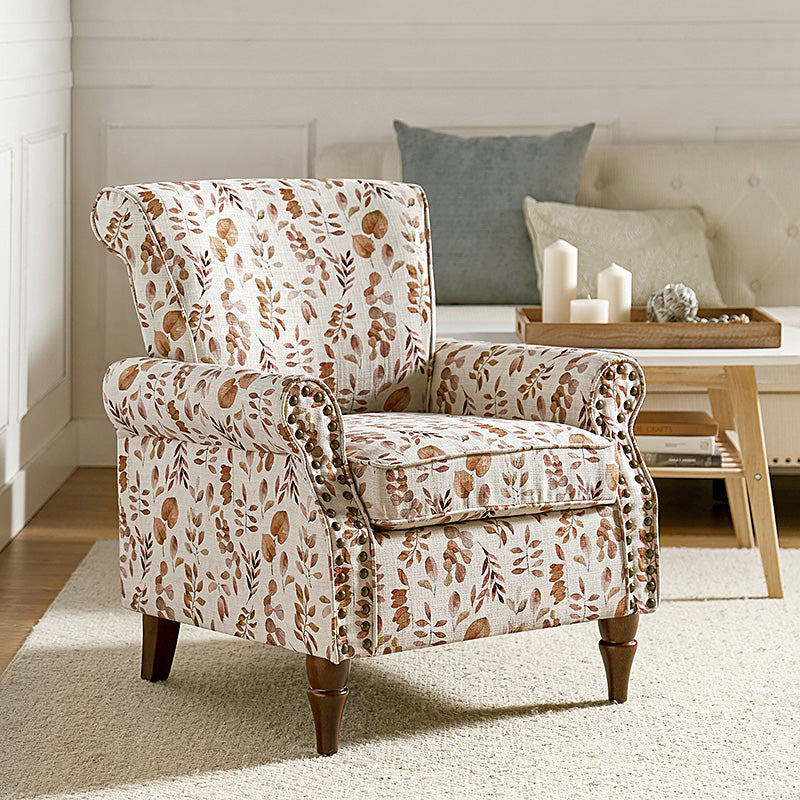 Fauteuil rembourré à accoudoirs roulés et garniture cloutée | Moutarde / Floral / Bleu / Peau de vache / Jaune / Vert / Noir / Gris / Marine / Pin / Médaillon / Rose | Siège unique