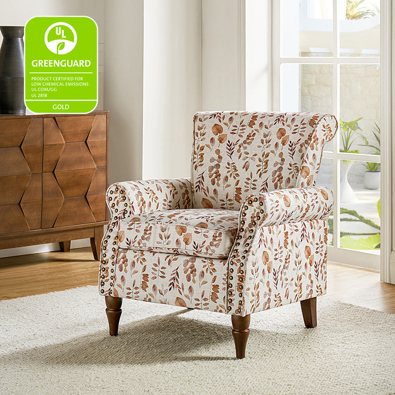 Fauteuil rembourré à accoudoirs roulés et garniture cloutée | Moutarde / Floral / Bleu / Peau de vache / Jaune / Vert / Noir / Gris / Marine / Pin / Médaillon / Rose | Siège unique