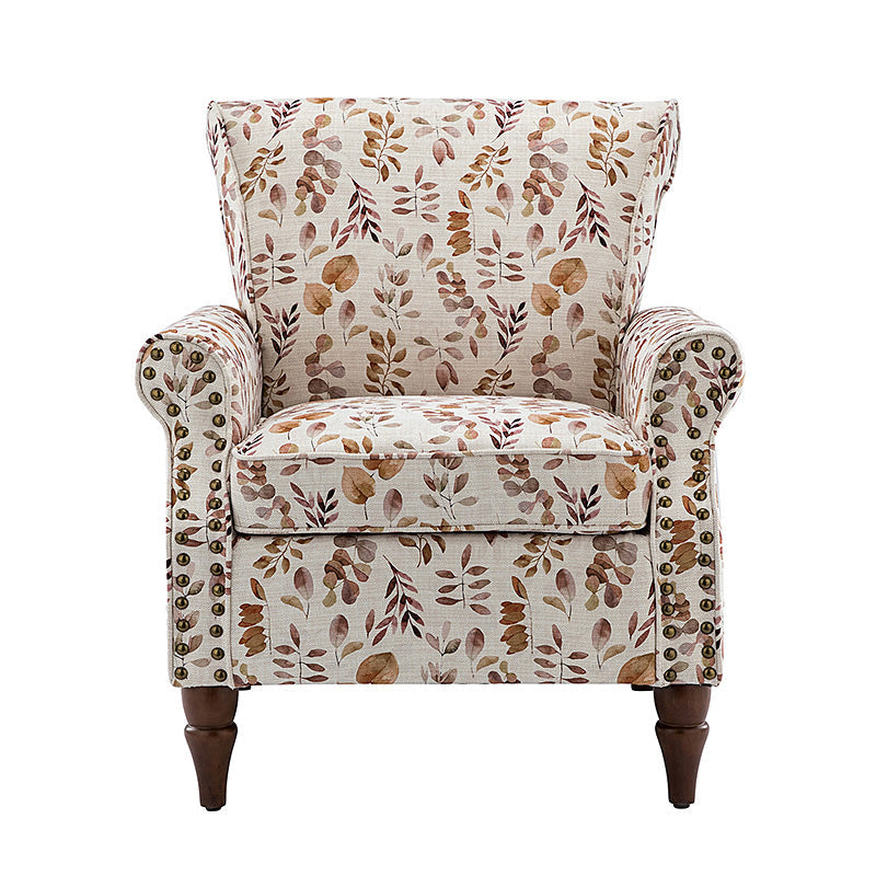 Fauteuil rembourré à accoudoirs roulés et garniture cloutée | Moutarde / Floral / Bleu / Peau de vache / Jaune / Vert / Noir / Gris / Marine / Pin / Médaillon / Rose | Siège unique