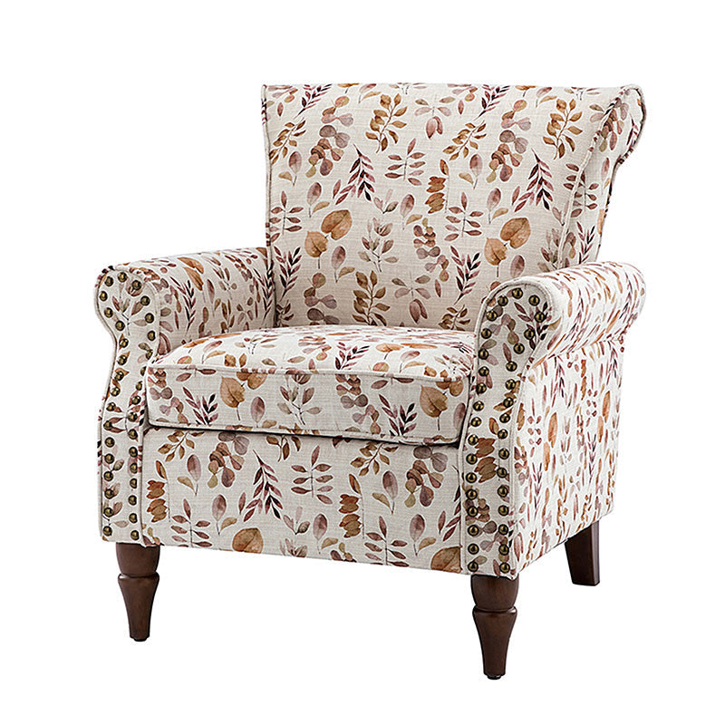 Fauteuil rembourré à accoudoirs roulés et garniture cloutée | Moutarde / Floral / Bleu / Peau de vache / Jaune / Vert / Noir / Gris / Marine / Pin / Médaillon / Rose | Siège unique