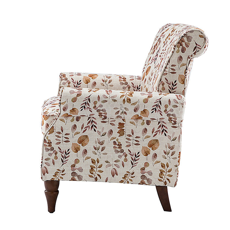 Fauteuil rembourré à accoudoirs roulés et garniture cloutée | Moutarde / Floral / Bleu / Peau de vache / Jaune / Vert / Noir / Gris / Marine / Pin / Médaillon / Rose | Siège unique