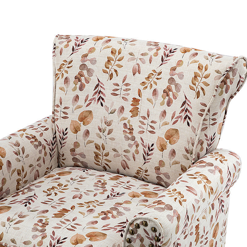 Fauteuil rembourré à accoudoirs roulés et garniture cloutée | Moutarde / Floral / Bleu / Peau de vache / Jaune / Vert / Noir / Gris / Marine / Pin / Médaillon / Rose | Siège unique