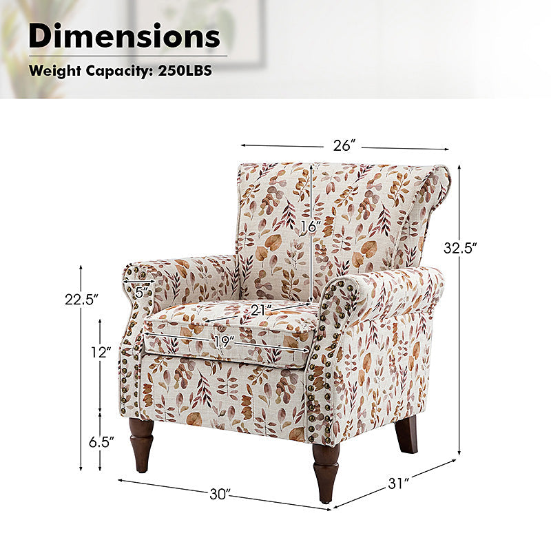 Fauteuil rembourré à accoudoirs roulés et garniture cloutée | Moutarde / Floral / Bleu / Peau de vache / Jaune / Vert / Noir / Gris / Marine / Pin / Médaillon / Rose | Siège unique