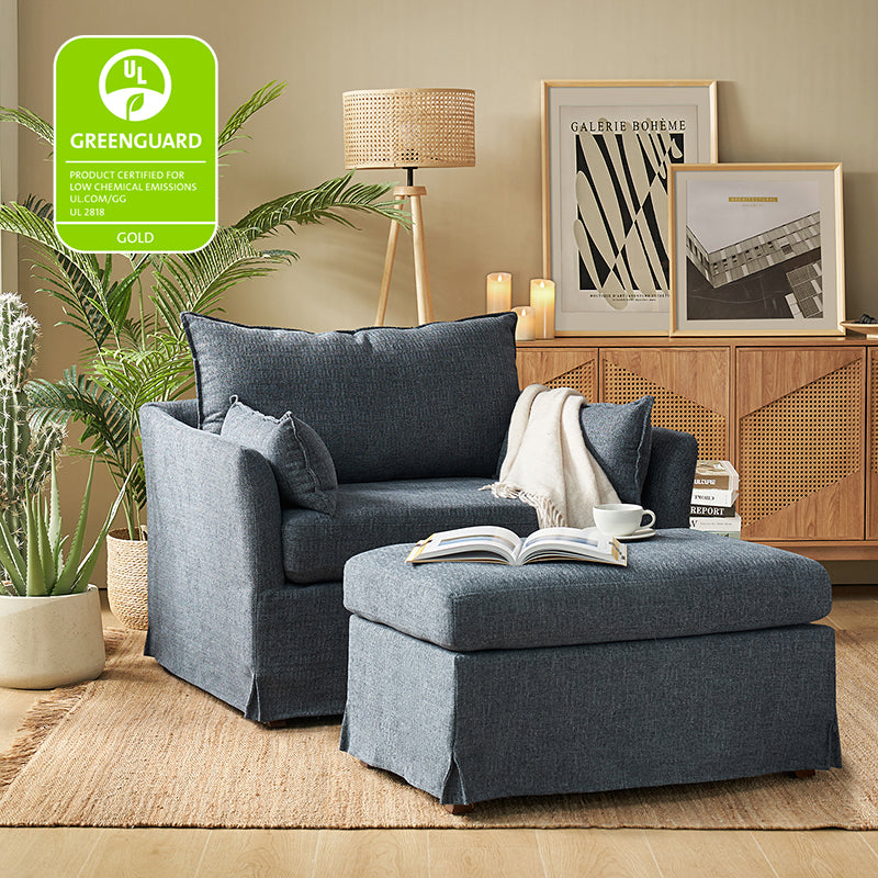 Fauteuil surdimensionné déhoussable en polyester avec ottomane, coussin réversible et roulettes arrière verrouillables | Bleu / Ivoire / Gris | 1,5 place