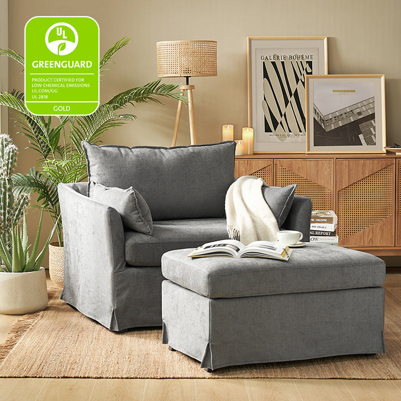 Fauteuil surdimensionné déhoussable en polyester avec ottomane, coussin réversible et roulettes arrière verrouillables | Bleu / Ivoire / Gris | 1,5 place