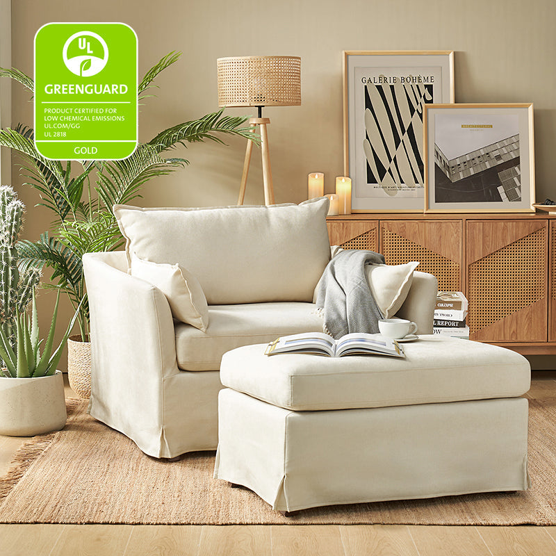 Fauteuil surdimensionné déhoussable en polyester avec ottomane, coussin réversible et roulettes arrière verrouillables | Bleu / Ivoire / Gris | 1,5 place