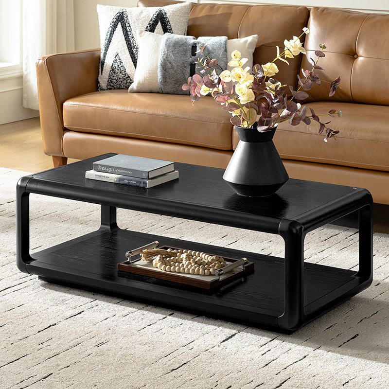 Table basse en bois massif avec coins arrondis, rangement ouvert et base à cadre ouvert | Naturel / Chêne / Noir | Simple