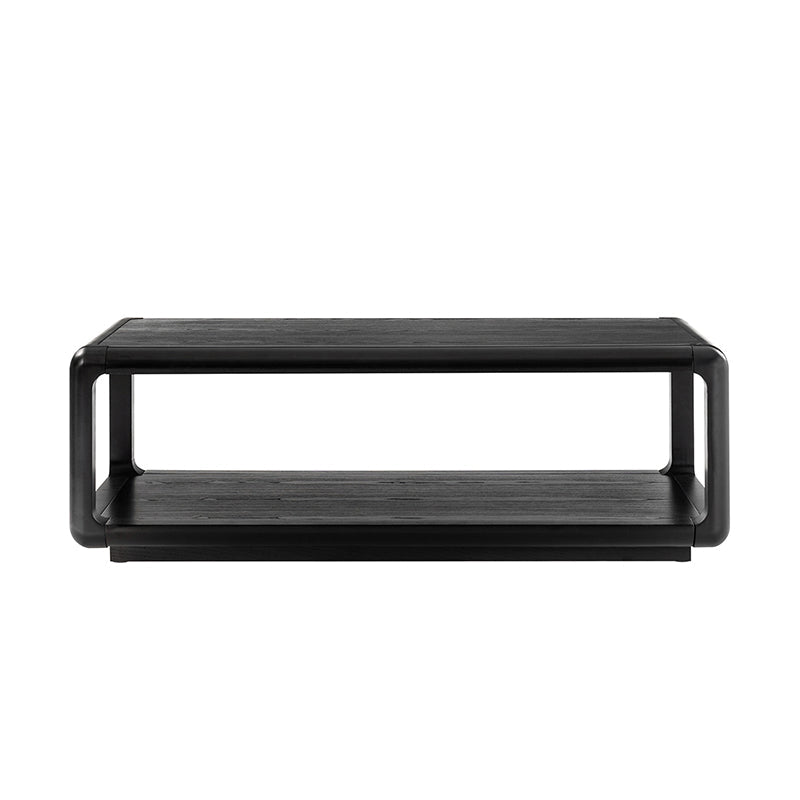 Table basse en bois massif avec coins arrondis, rangement ouvert et base à cadre ouvert | Naturel / Chêne / Noir | Simple