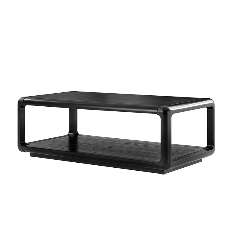 Table basse en bois massif avec coins arrondis, rangement ouvert et base à cadre ouvert | Naturel / Chêne / Noir | Simple