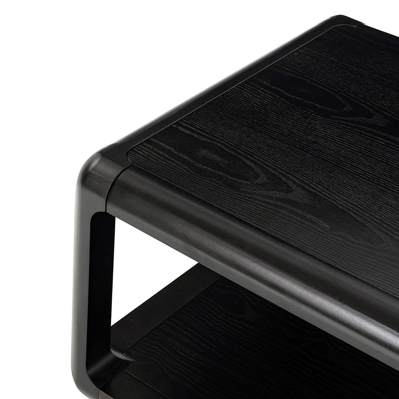 Table basse en bois massif avec coins arrondis, rangement ouvert et base à cadre ouvert | Naturel / Chêne / Noir | Simple