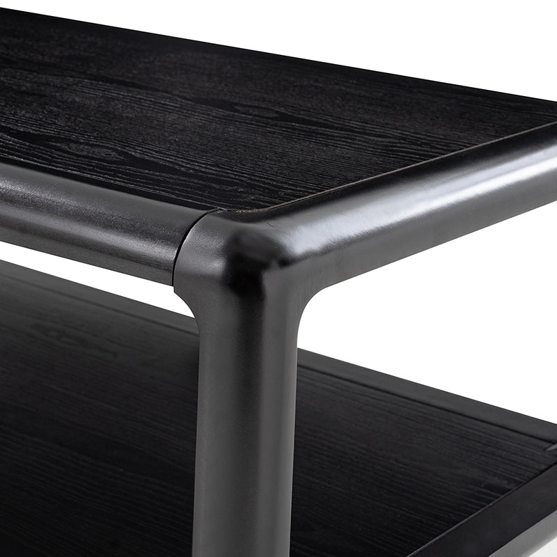 Table basse en bois massif avec coins arrondis, rangement ouvert et base à cadre ouvert | Naturel / Chêne / Noir | Simple
