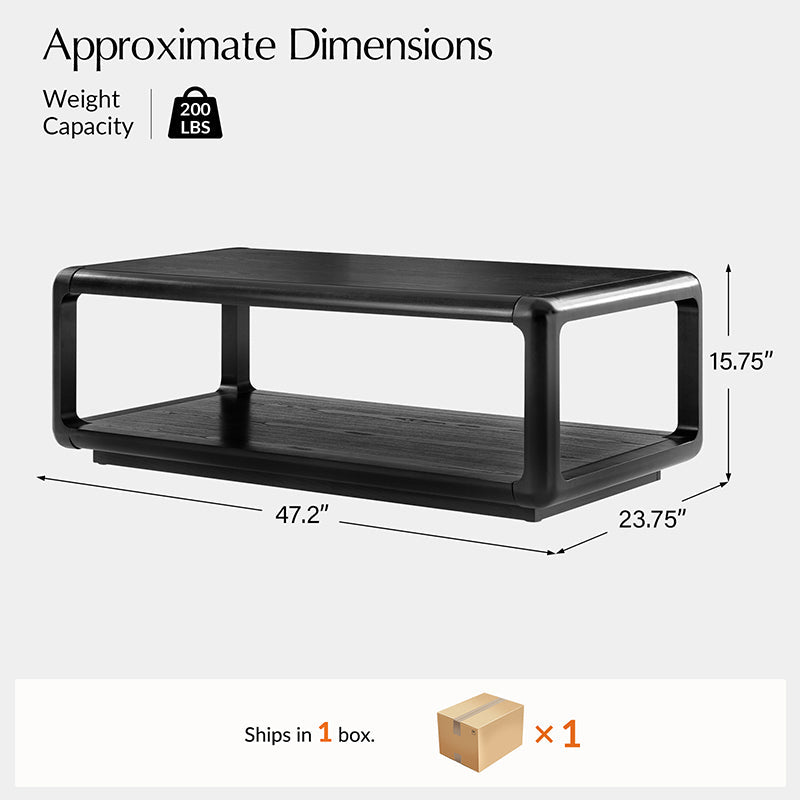 Table basse en bois massif avec coins arrondis, rangement ouvert et base à cadre ouvert | Naturel / Chêne / Noir | Simple
