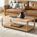Table basse en bois massif avec coins arrondis, rangement ouvert et base à cadre ouvert | Naturel / Chêne / Noir | Simple