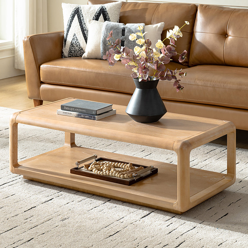 Table basse en bois massif avec coins arrondis, rangement ouvert et base à cadre ouvert | Naturel / Chêne / Noir | Simple