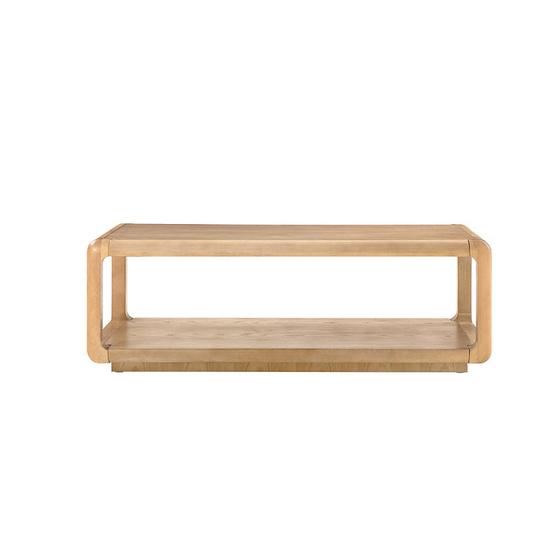 Table basse en bois massif avec coins arrondis, rangement ouvert et base à cadre ouvert | Naturel / Chêne / Noir | Simple