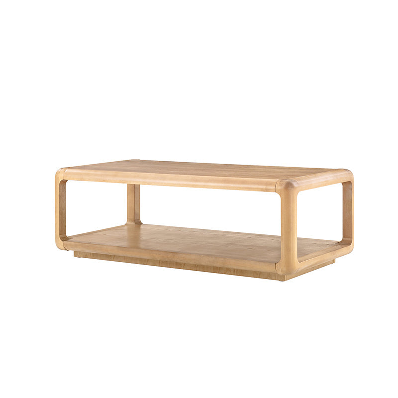 Table basse en bois massif avec coins arrondis, rangement ouvert et base à cadre ouvert | Naturel / Chêne / Noir | Simple