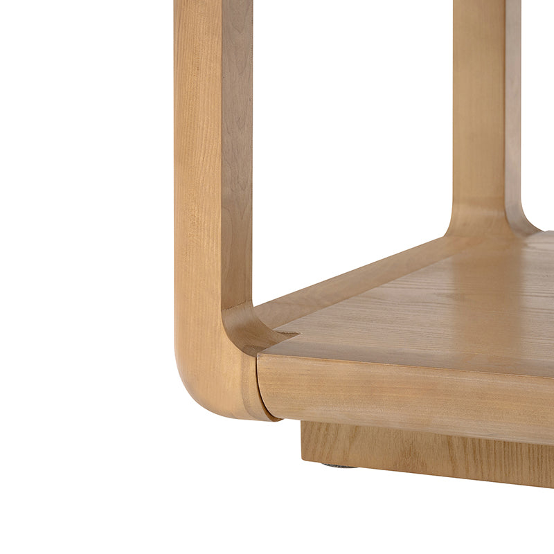Table basse en bois massif avec coins arrondis, rangement ouvert et base à cadre ouvert | Naturel / Chêne / Noir | Simple