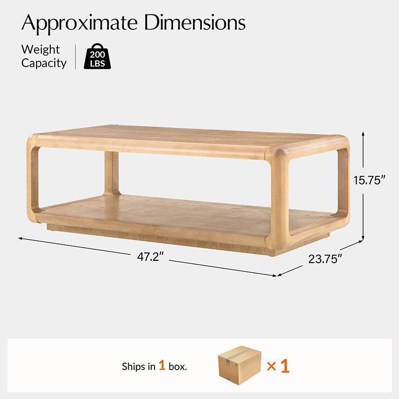 Table basse en bois massif avec coins arrondis, rangement ouvert et base à cadre ouvert | Naturel / Chêne / Noir | Simple