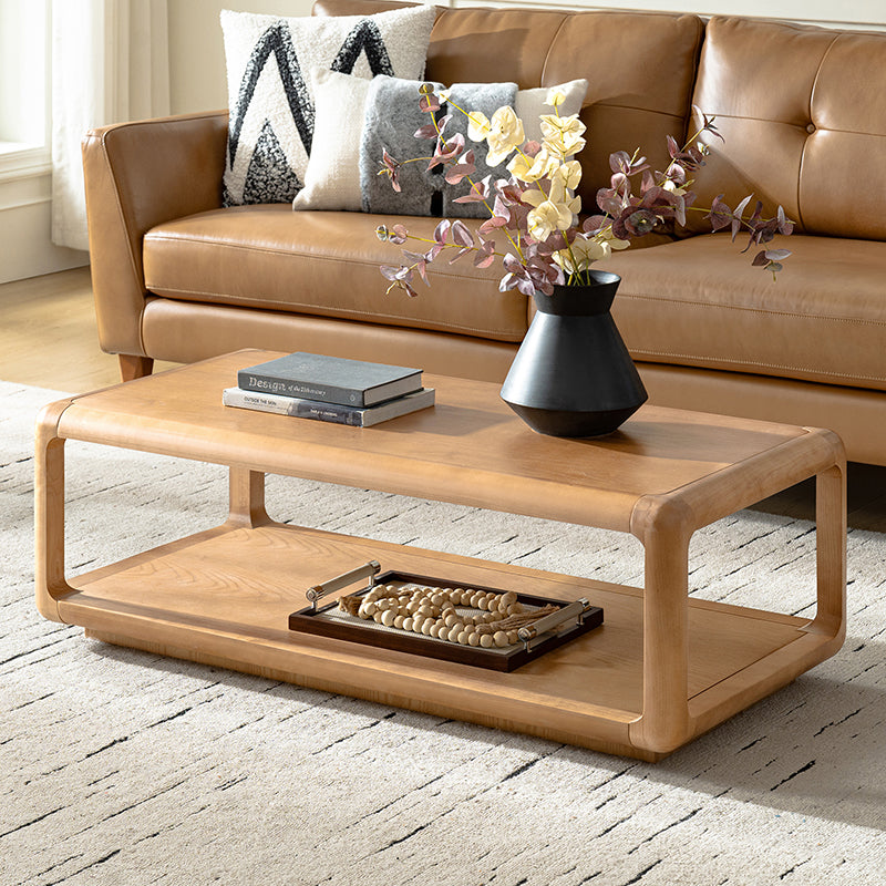 Table basse en bois massif avec coins arrondis, rangement ouvert et base à cadre ouvert | Naturel / Chêne / Noir | Simple