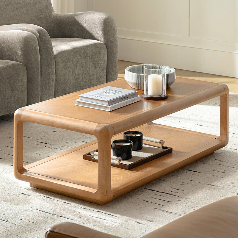 Table basse en bois massif avec coins arrondis, rangement ouvert et base à cadre ouvert | Naturel / Chêne / Noir | Simple
