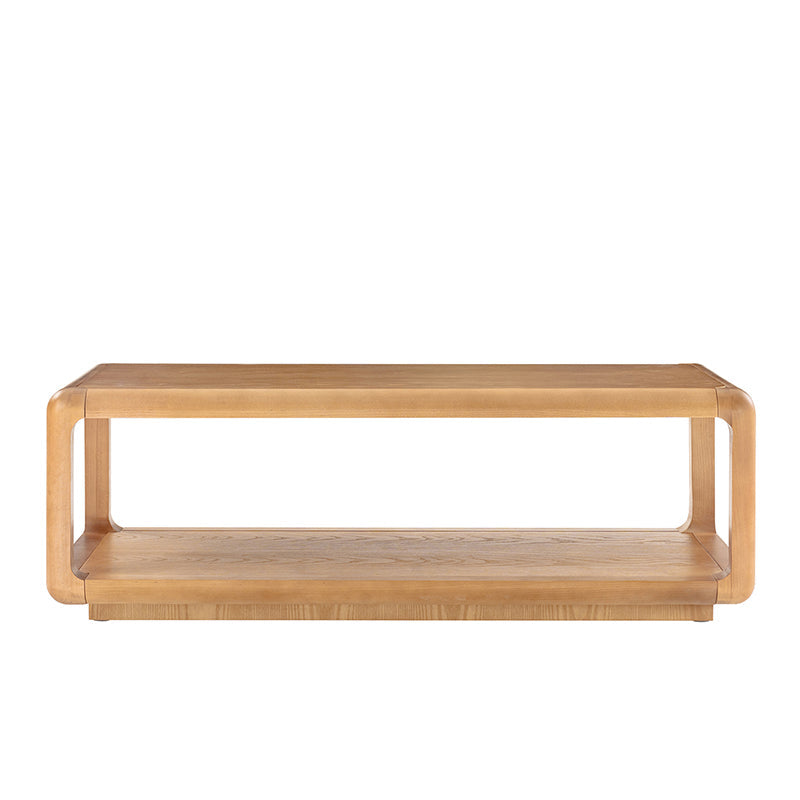 Table basse en bois massif avec coins arrondis, rangement ouvert et base à cadre ouvert | Naturel / Chêne / Noir | Simple