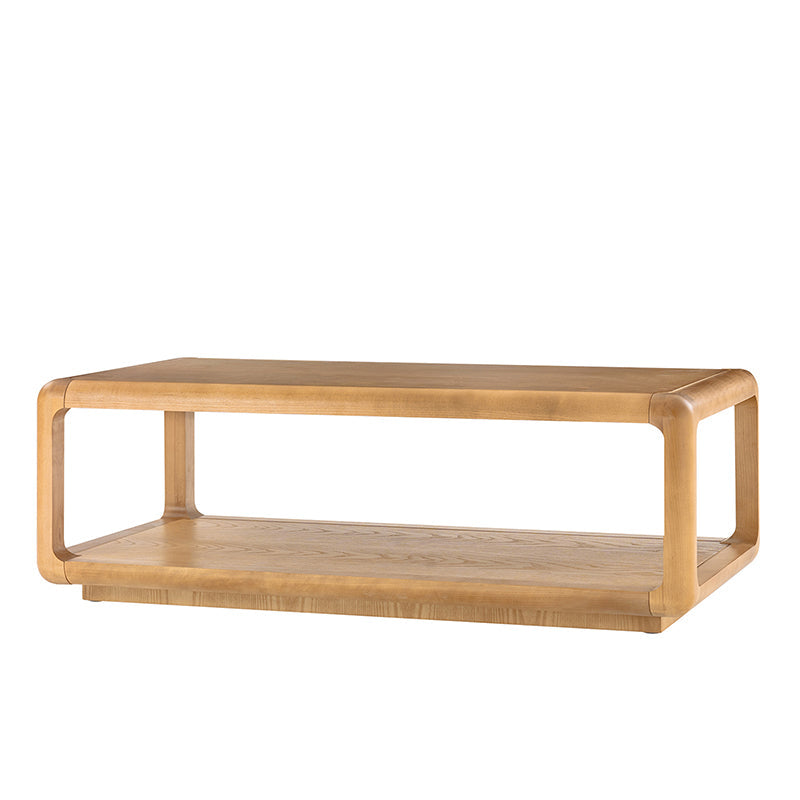 Table basse en bois massif avec coins arrondis, rangement ouvert et base à cadre ouvert | Naturel / Chêne / Noir | Simple