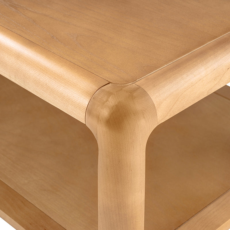 Table basse en bois massif avec coins arrondis, rangement ouvert et base à cadre ouvert | Naturel / Chêne / Noir | Simple